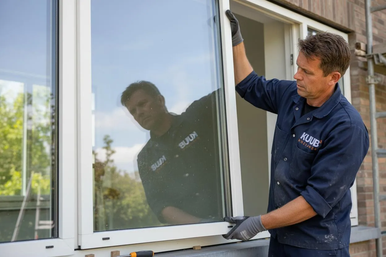 Monteur van Kuub plaatst het glas in een wit kunststof kozijn